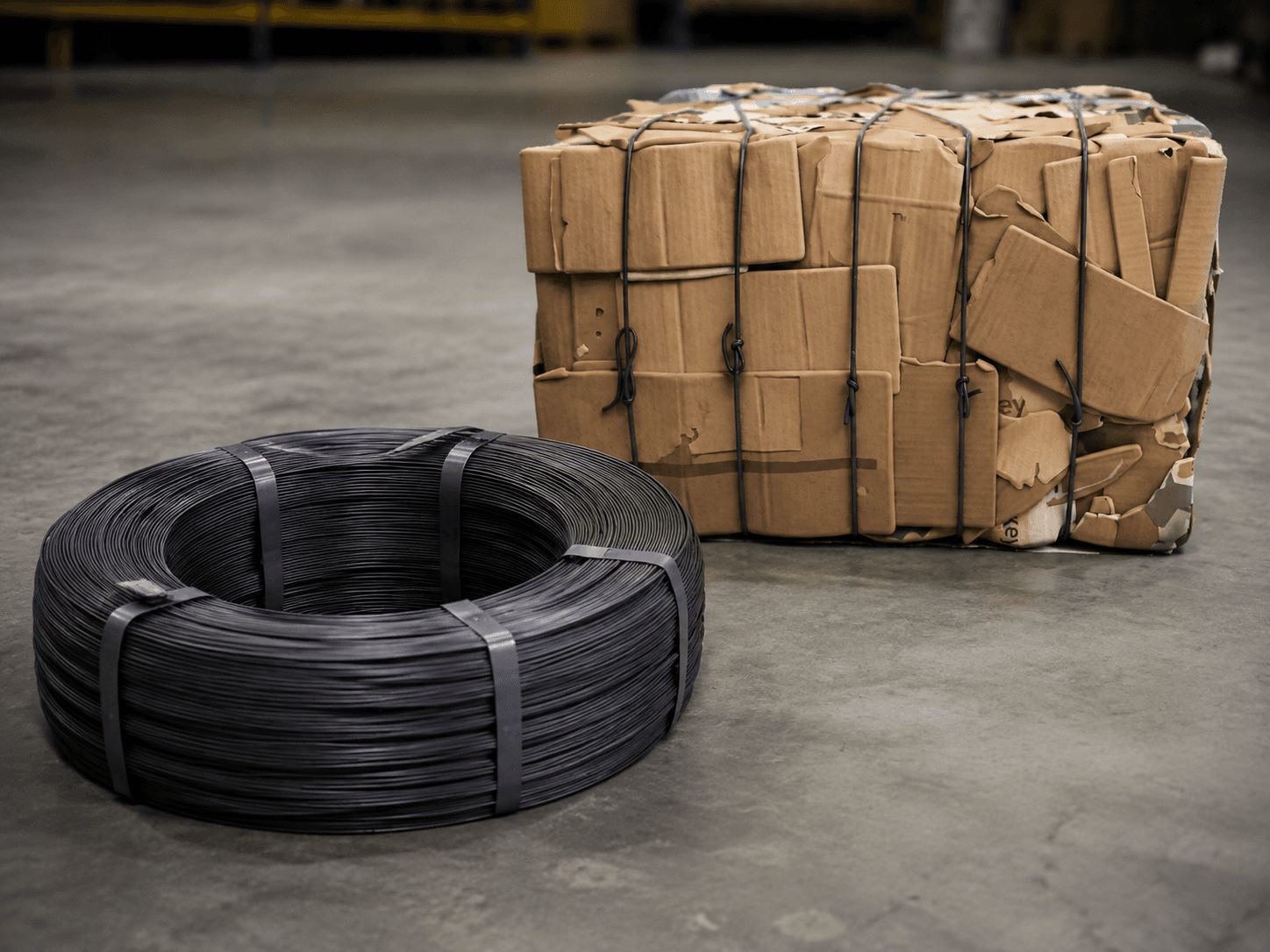 Black annealed bale wire beside a tied cardboard bale