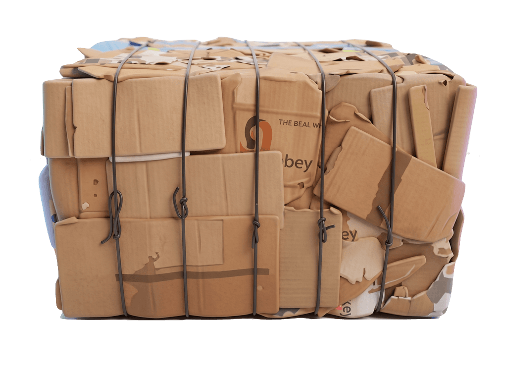 Cardboard compressed and tied into a recyclable bale
