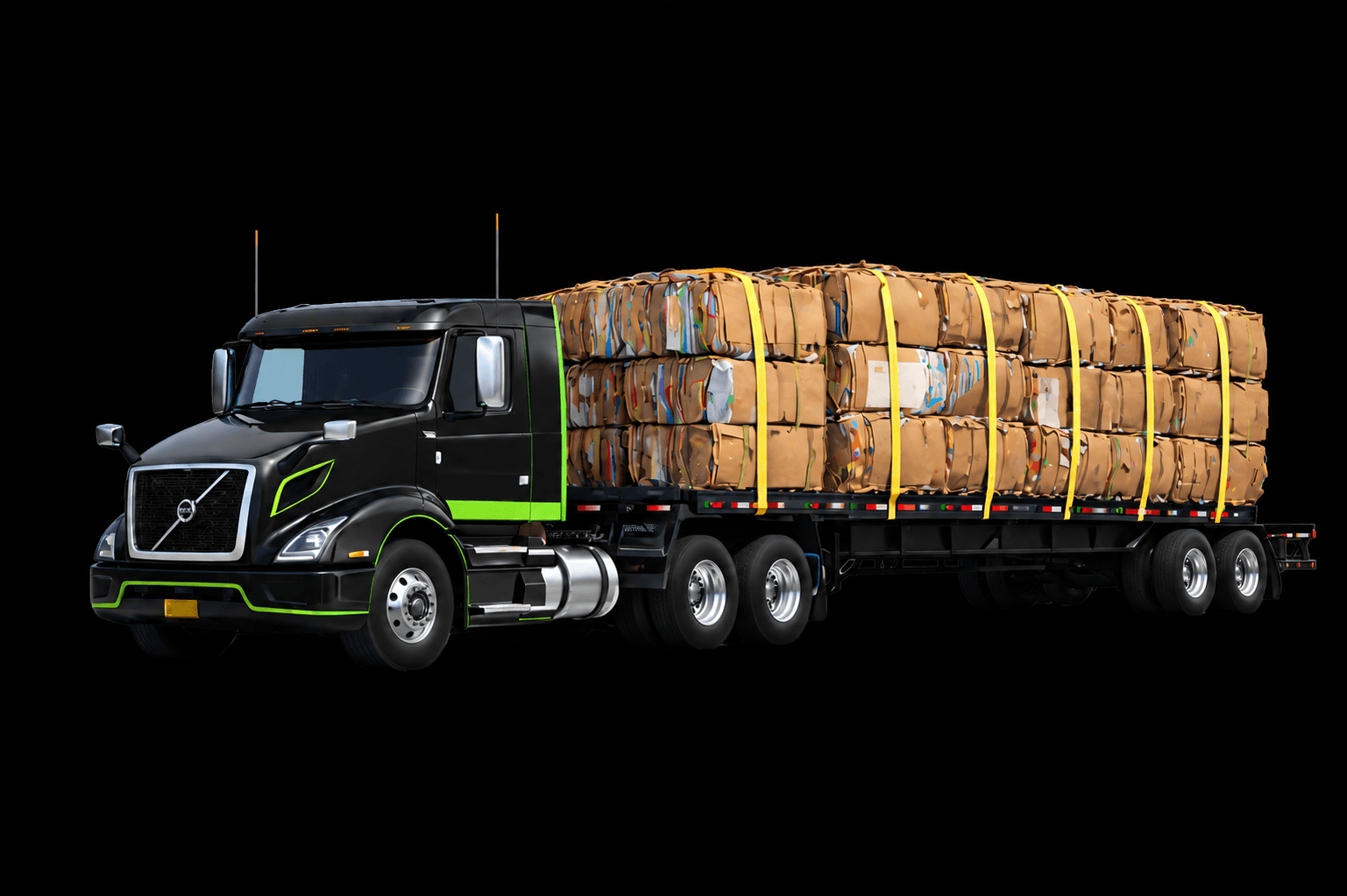Bandit truck carrying securely strapped cardboard bales